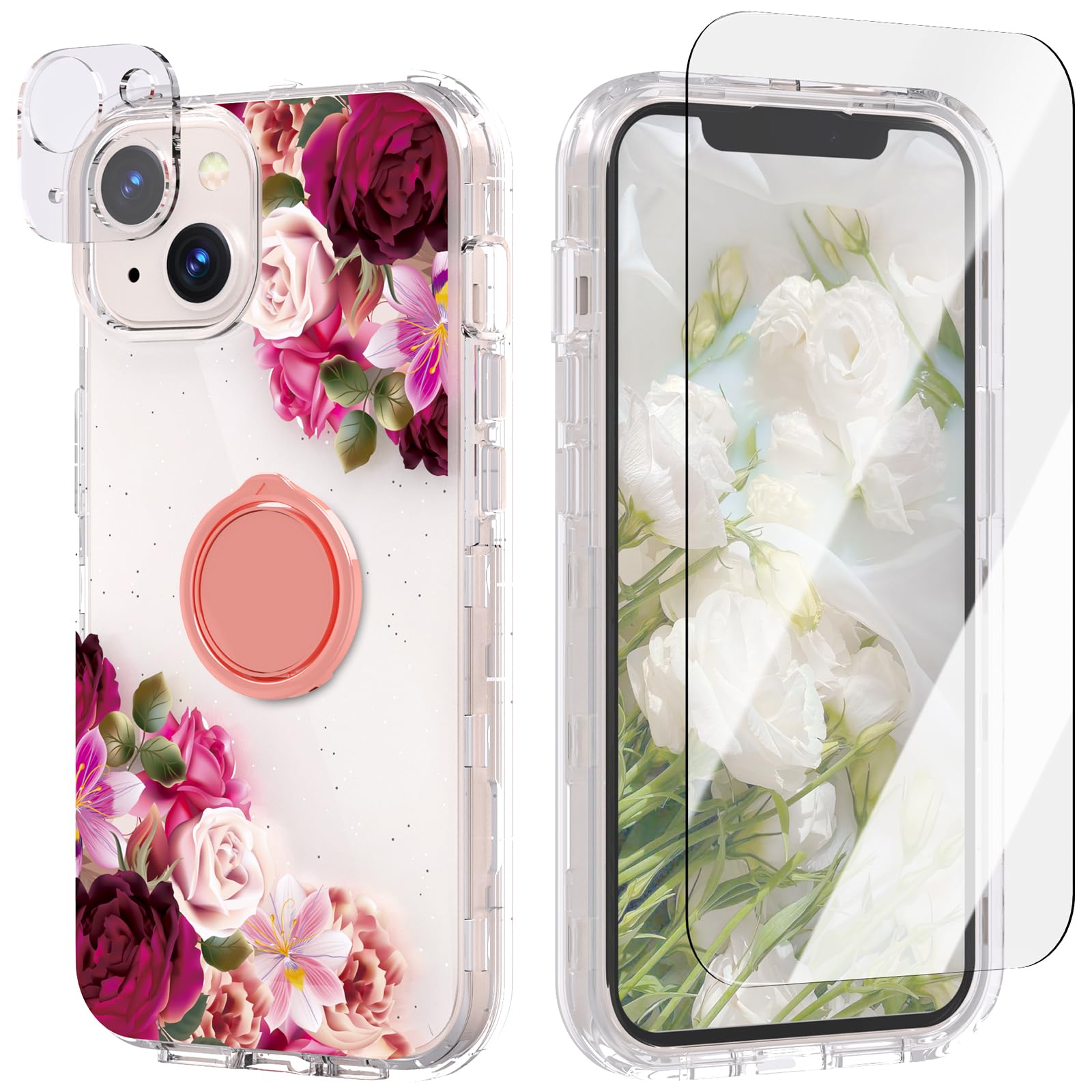 Acketbox For Iphone 14 Case With Screen Protector + Camera Lens Protector And Ring Bracket,Flower Pattern Design For Women And G